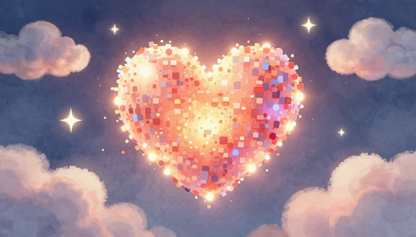Watercolor style. A warm, glowing heart made of floating dig...