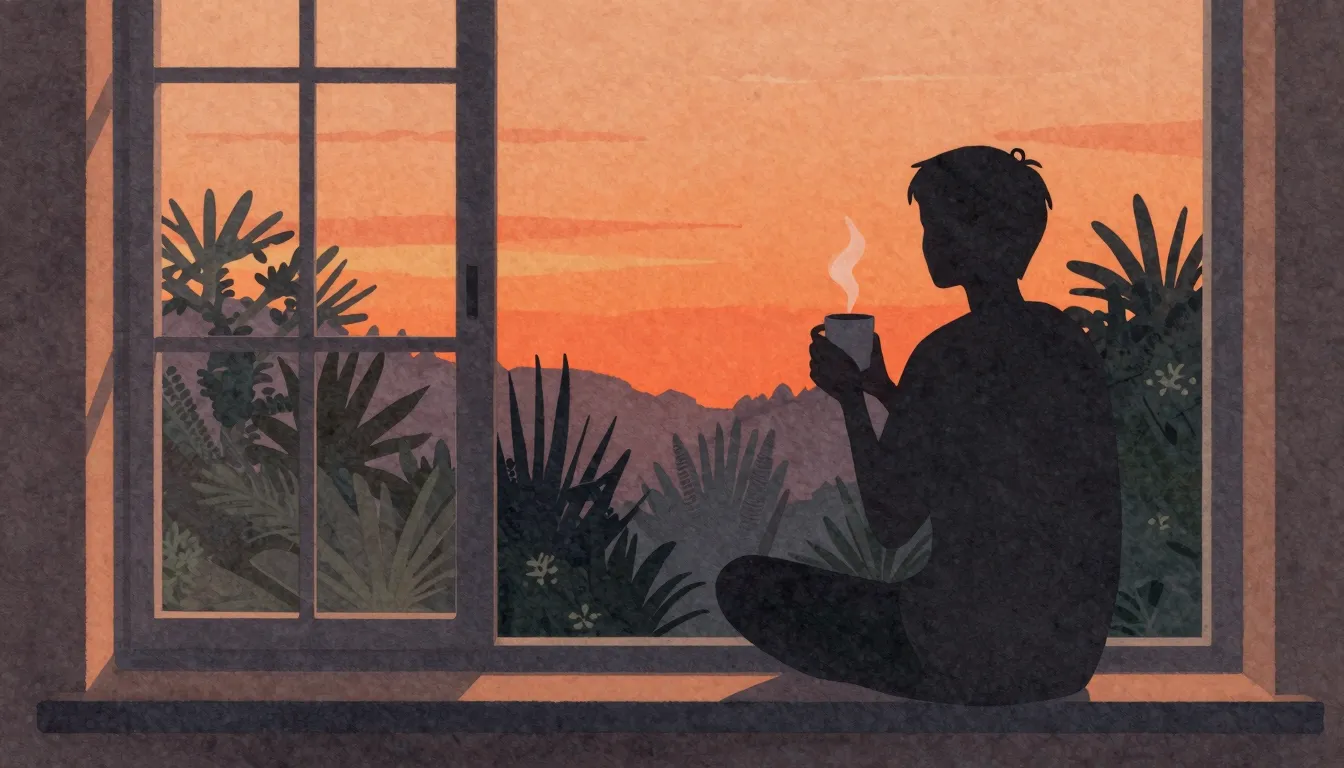 Watercolor style. Silhouette of a person sitting by a large ...