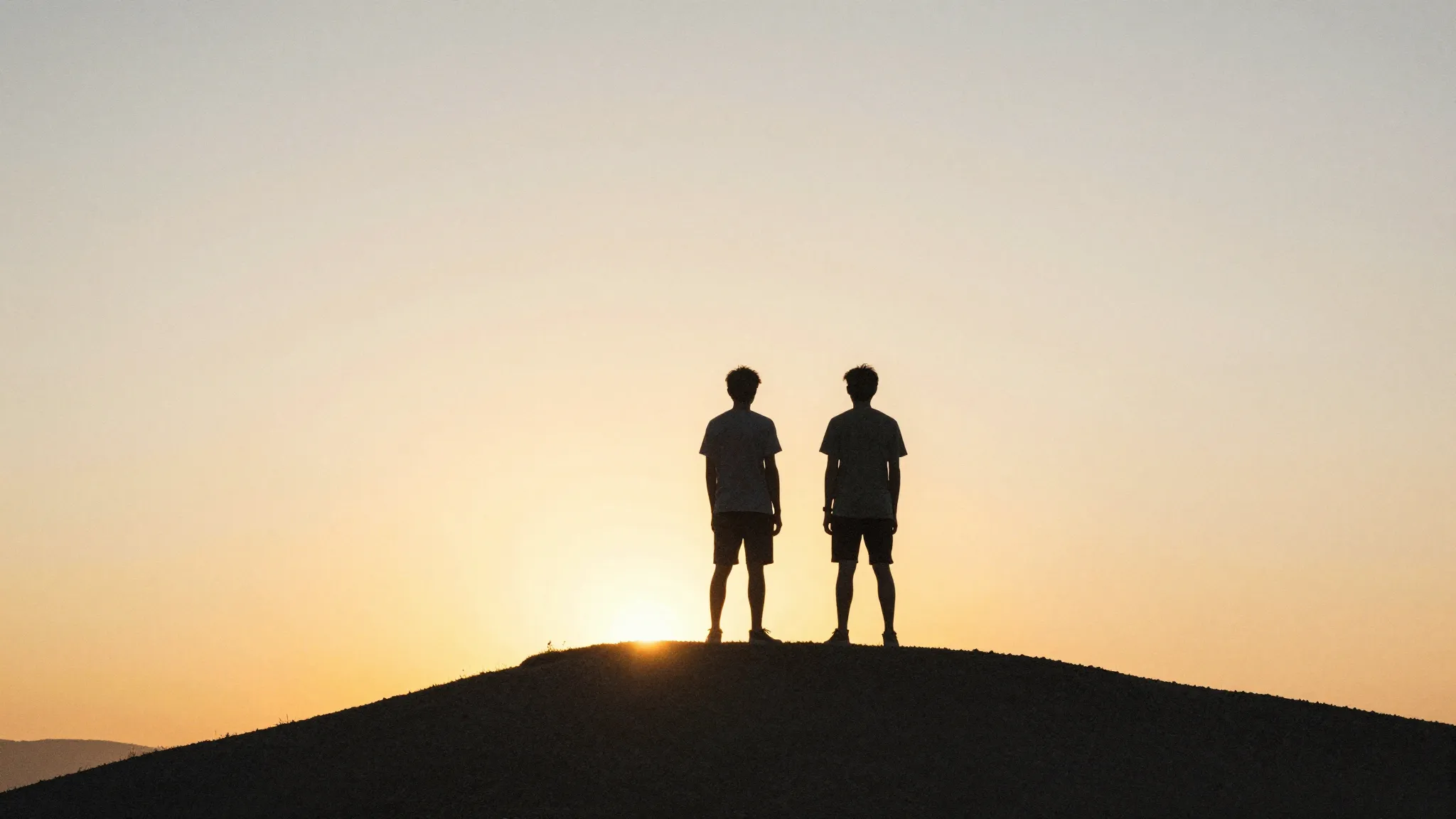 Watercolor style. A silhouette of two brothers standing on a...