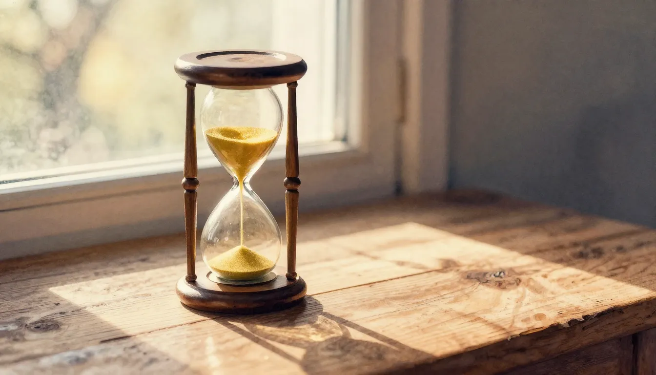 Watercolor style. An old hourglass with golden sand on a woo...