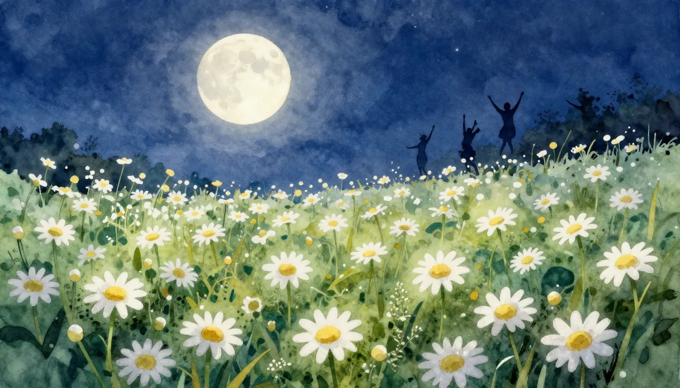 Watercolor style. A field of white chamomile flowers glowing...