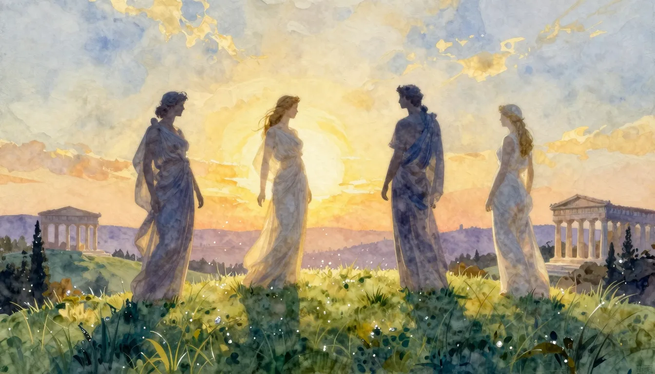 Watercolor style. Four ethereal silhouettes of muses on a gr...