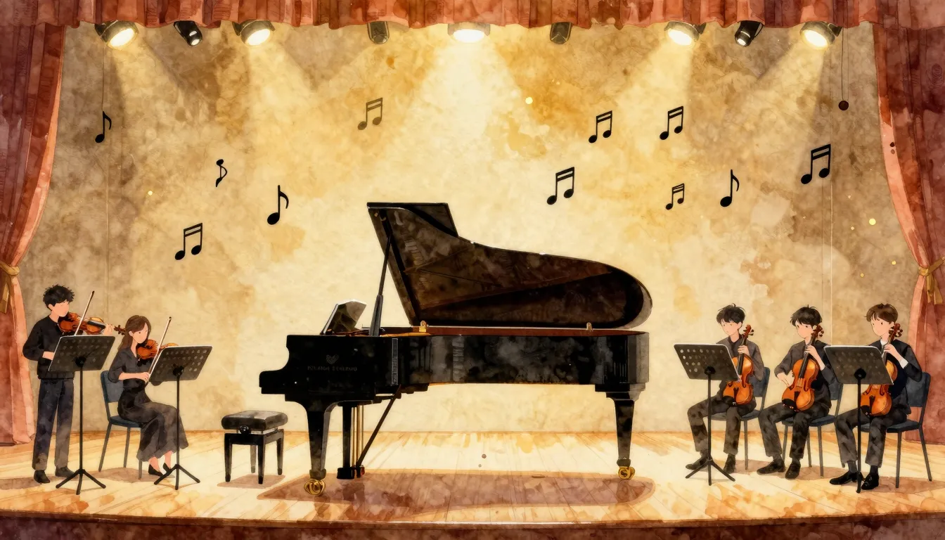 Watercolor style. A cozy concert hall stage with a grand pia...