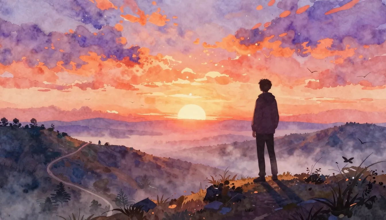 Watercolor style. A silhouette of a person standing on a hil...