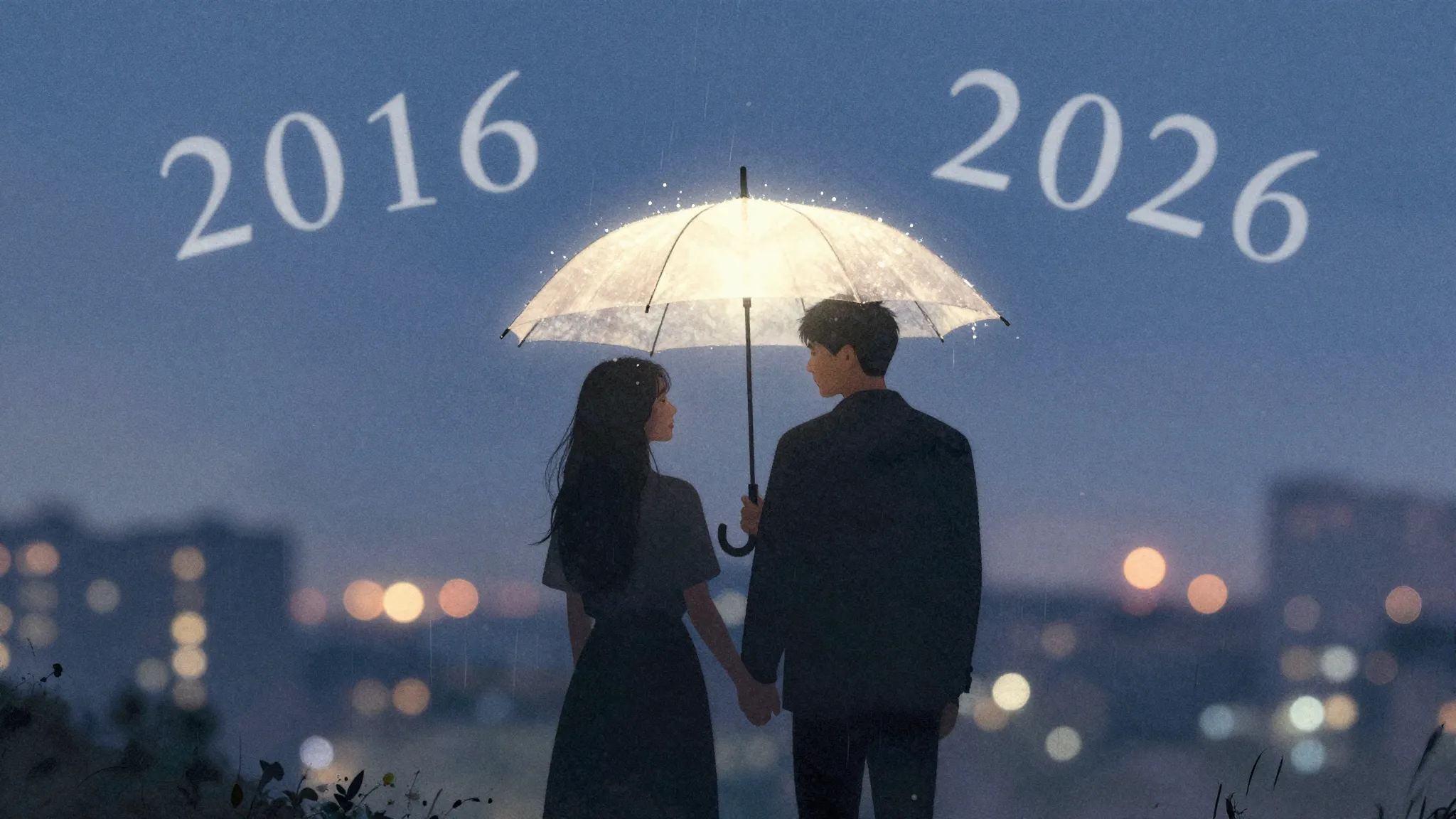 Watercolor style. Silhouettes of a couple holding hands unde...