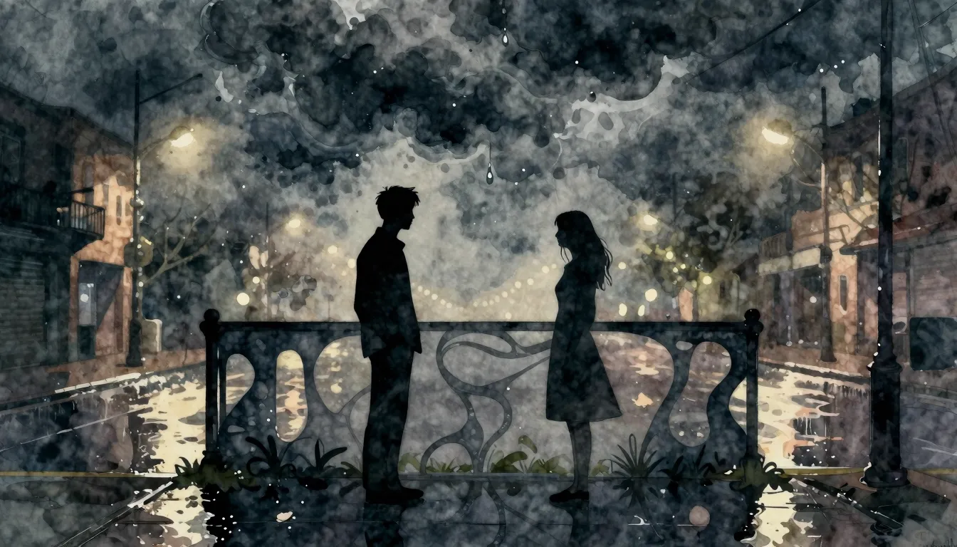 Watercolor style. A silhouette of a man and a woman standing...