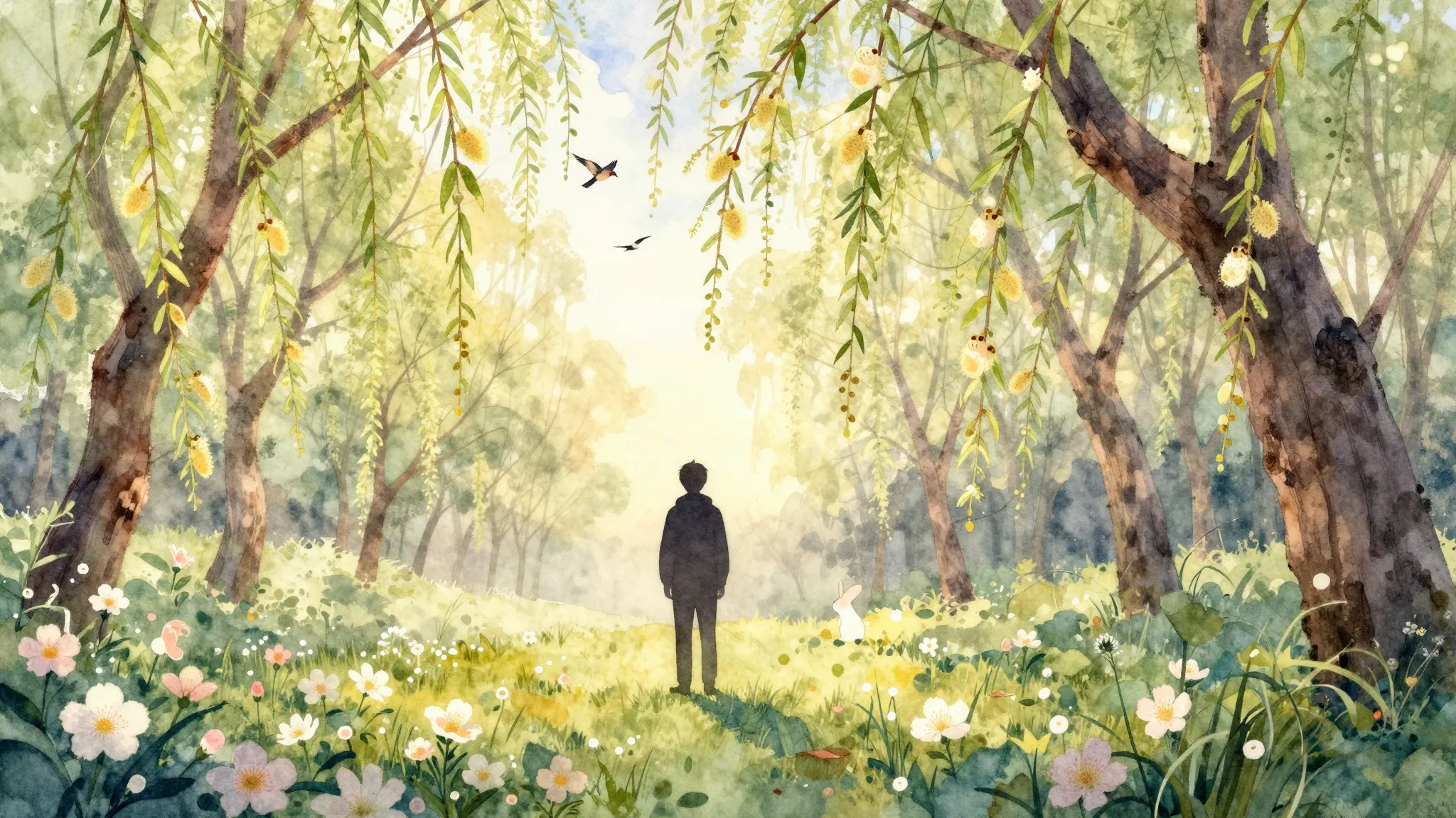 Watercolor style. A silhouette of a person standing in a spr...