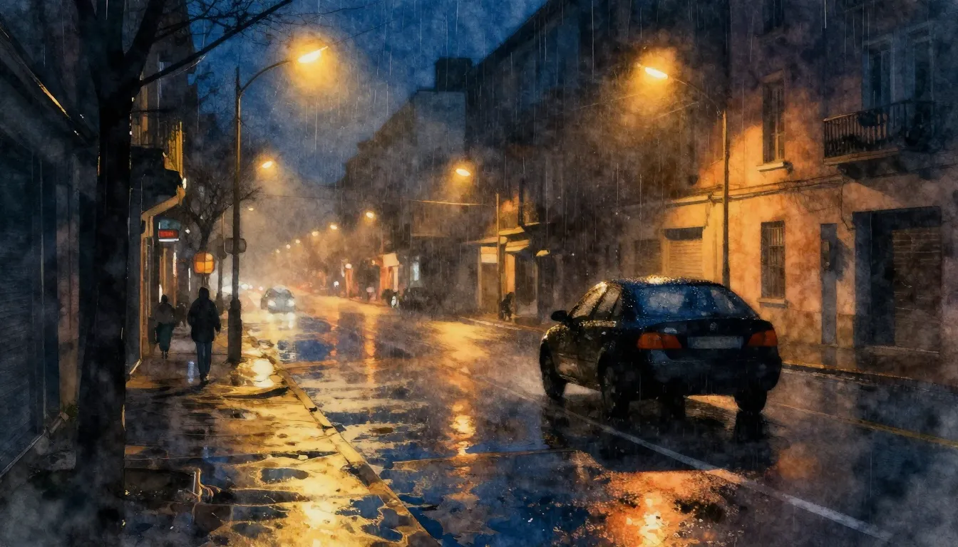 Watercolor style. Night city street with wet asphalt reflect...