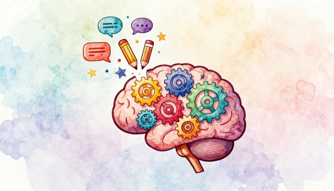 Watercolor style. A stylized brain icon with colorful gears ...
