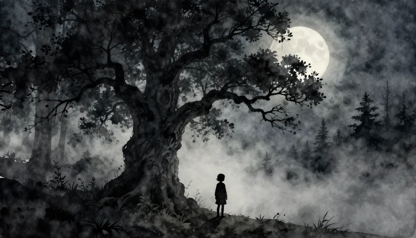 Watercolor style. A silhouette of a gnarled ancient tree on ...