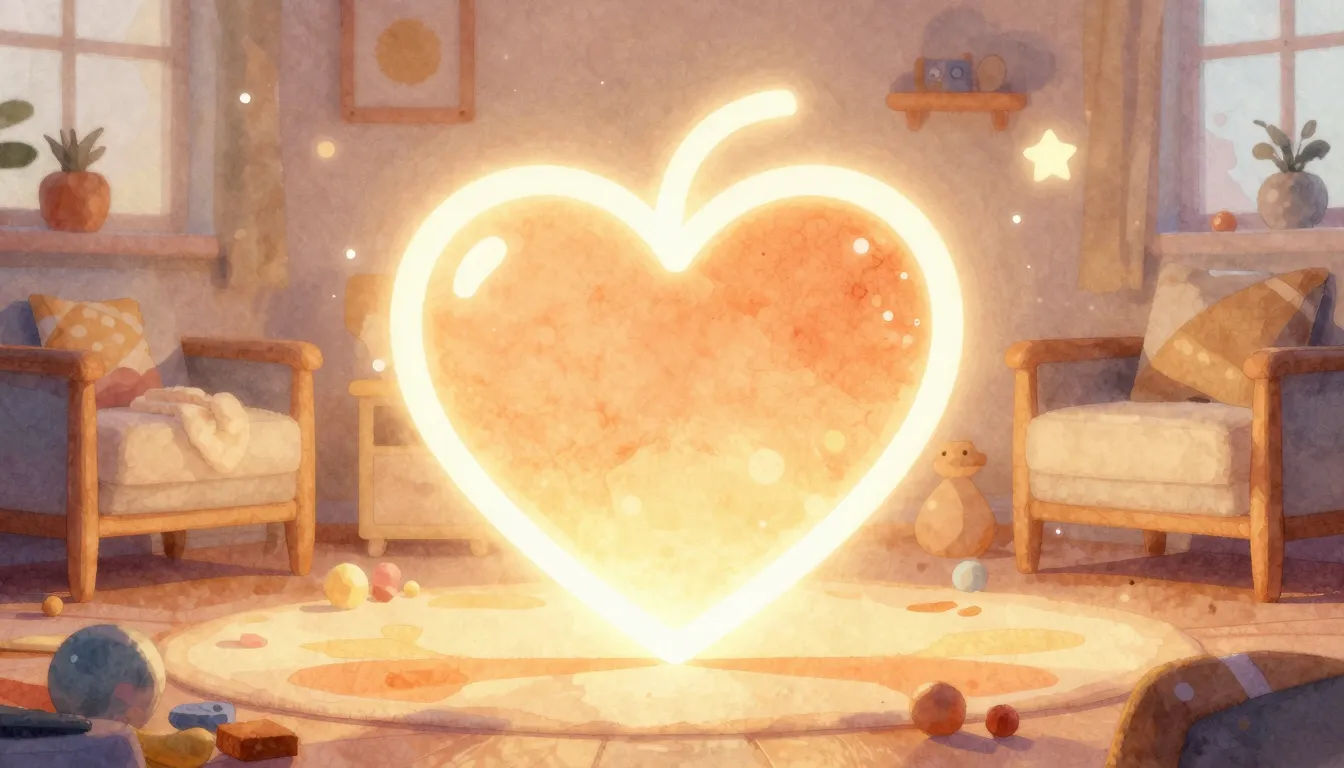 Watercolor style. A warm glowing heart silhouette in a cozy ...