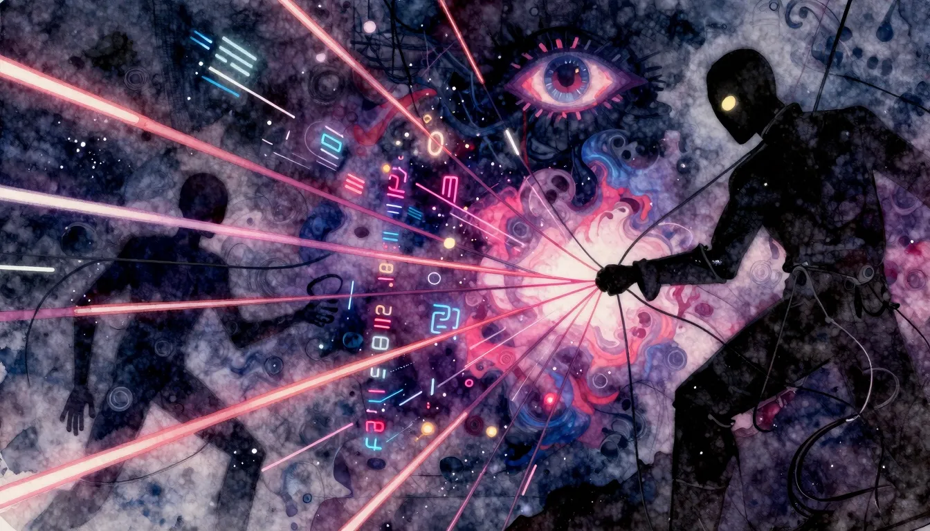 Vibrant watercolor style. Cyberpunk album cover: abstract st...