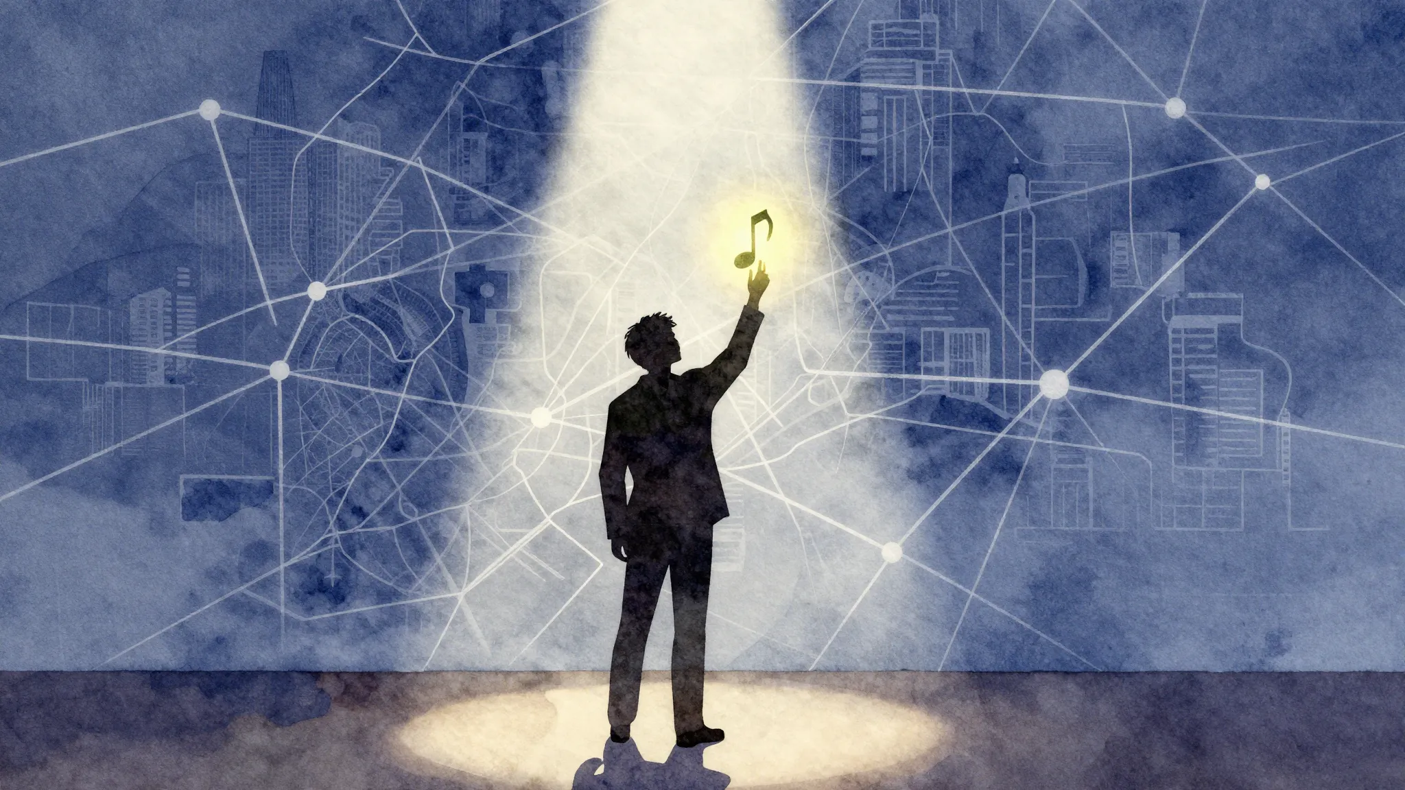 Watercolor style. A silhouette of a person holding a glowing...