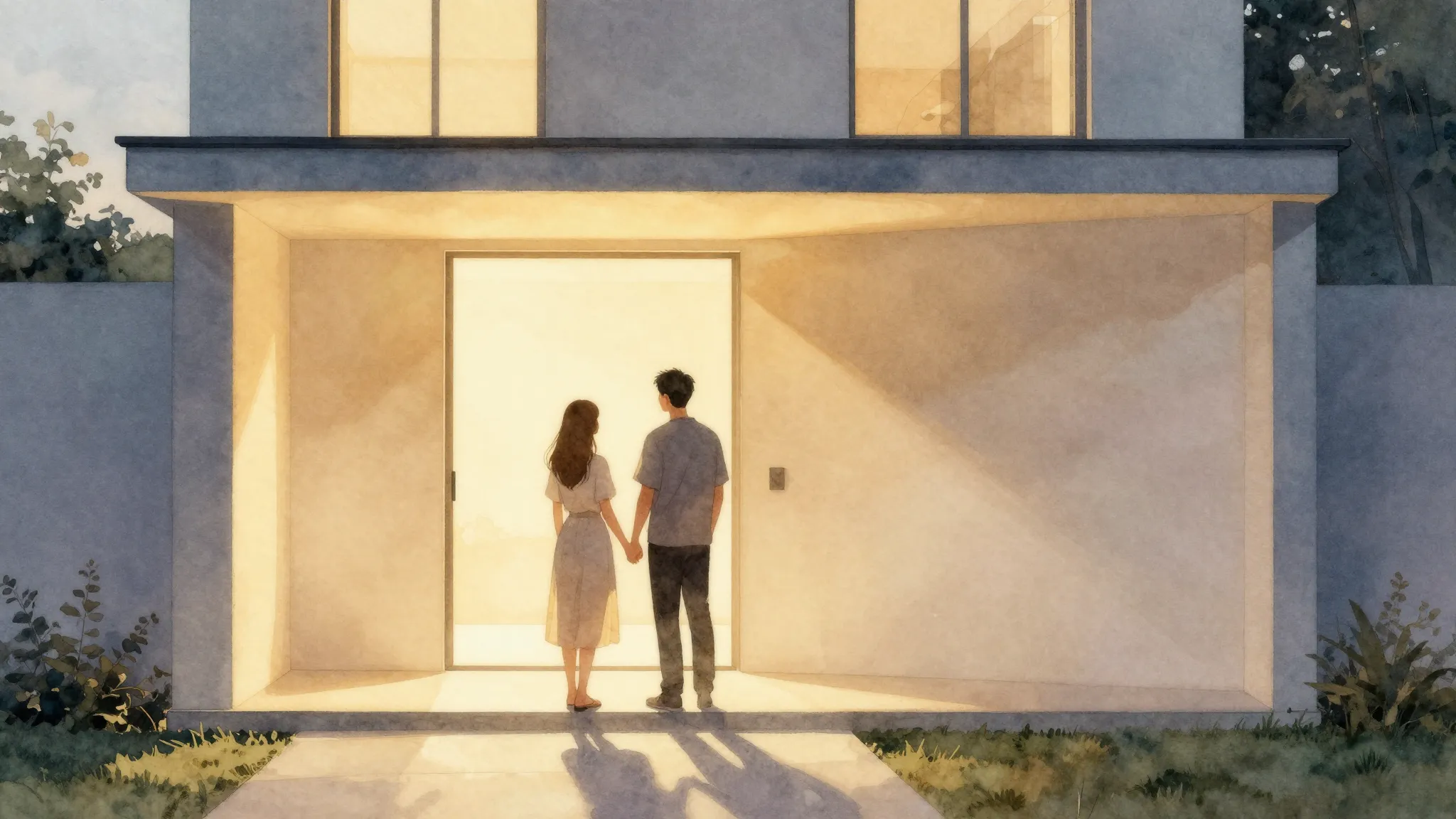 Watercolor style. A silhouette of a couple standing in front...