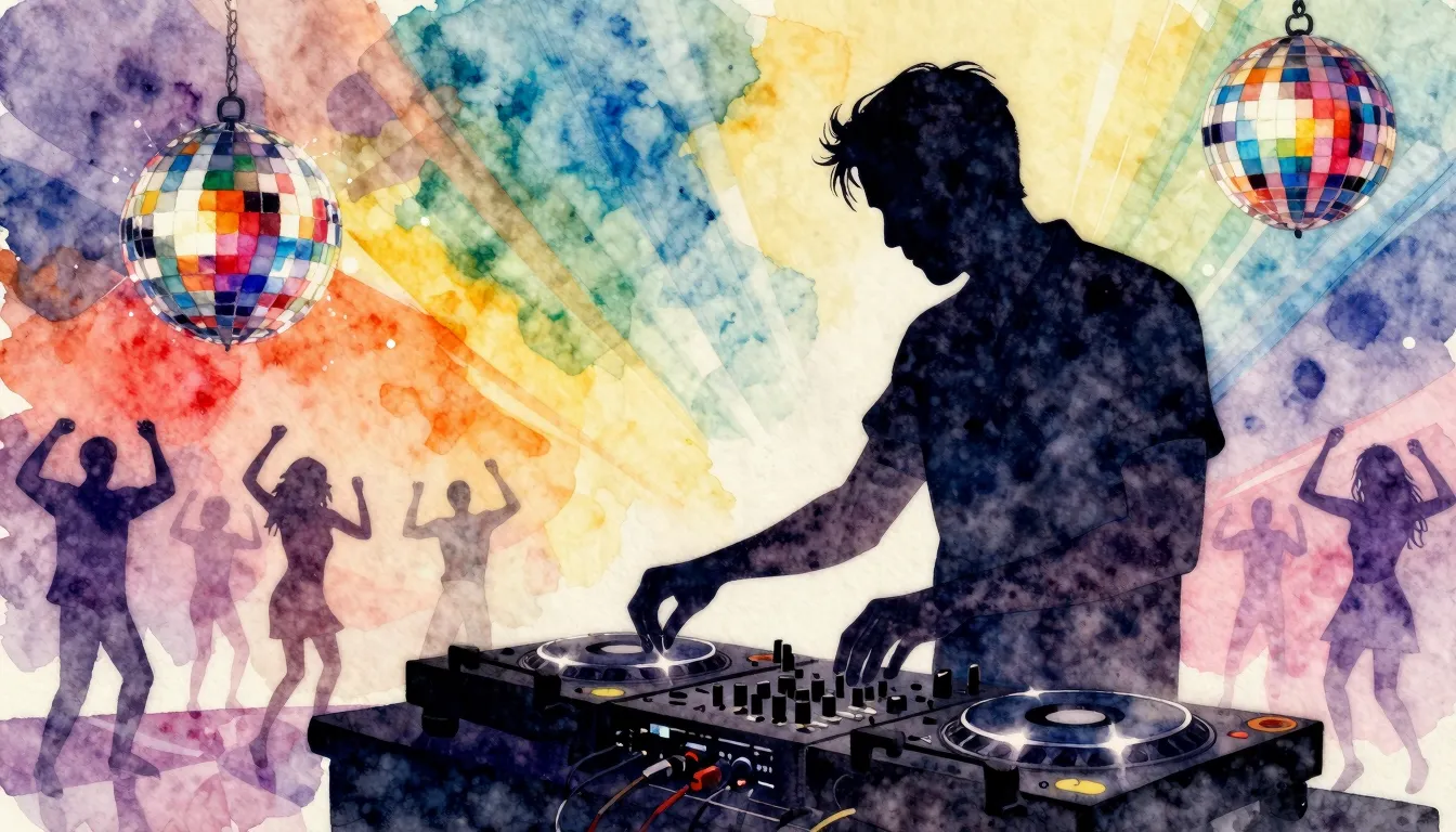 Watercolor style. A silhouette of a male DJ at a turntable, ...