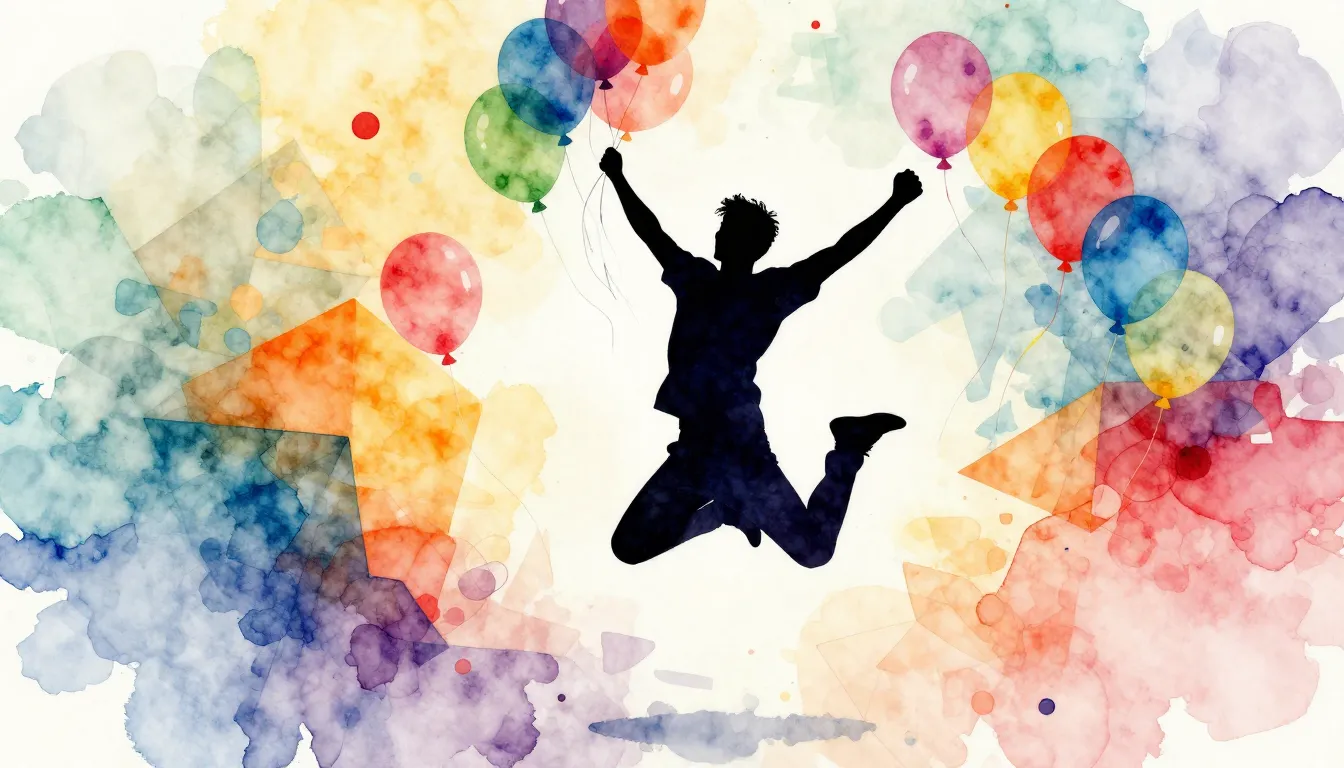 Watercolor style. Silhouette of a happy man jumping for joy,...