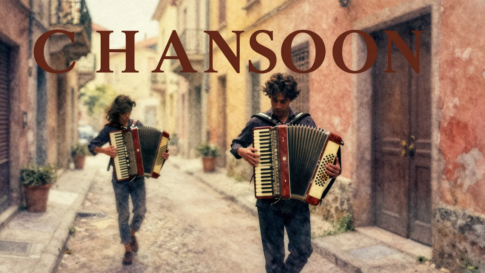 Vibrant watercolor style. Chanson album cover, vintage, mela...