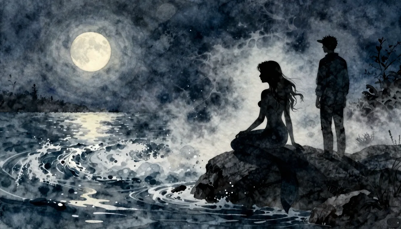 Watercolor style. Silhouette of a mermaid sitting on a dark ...