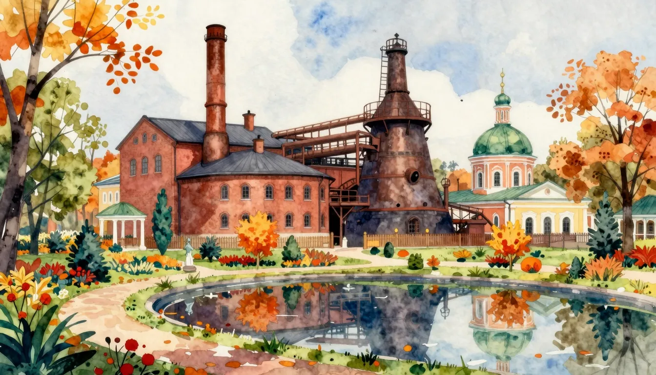 Vibrant watercolor style. Vintage industrial factory, autumn...