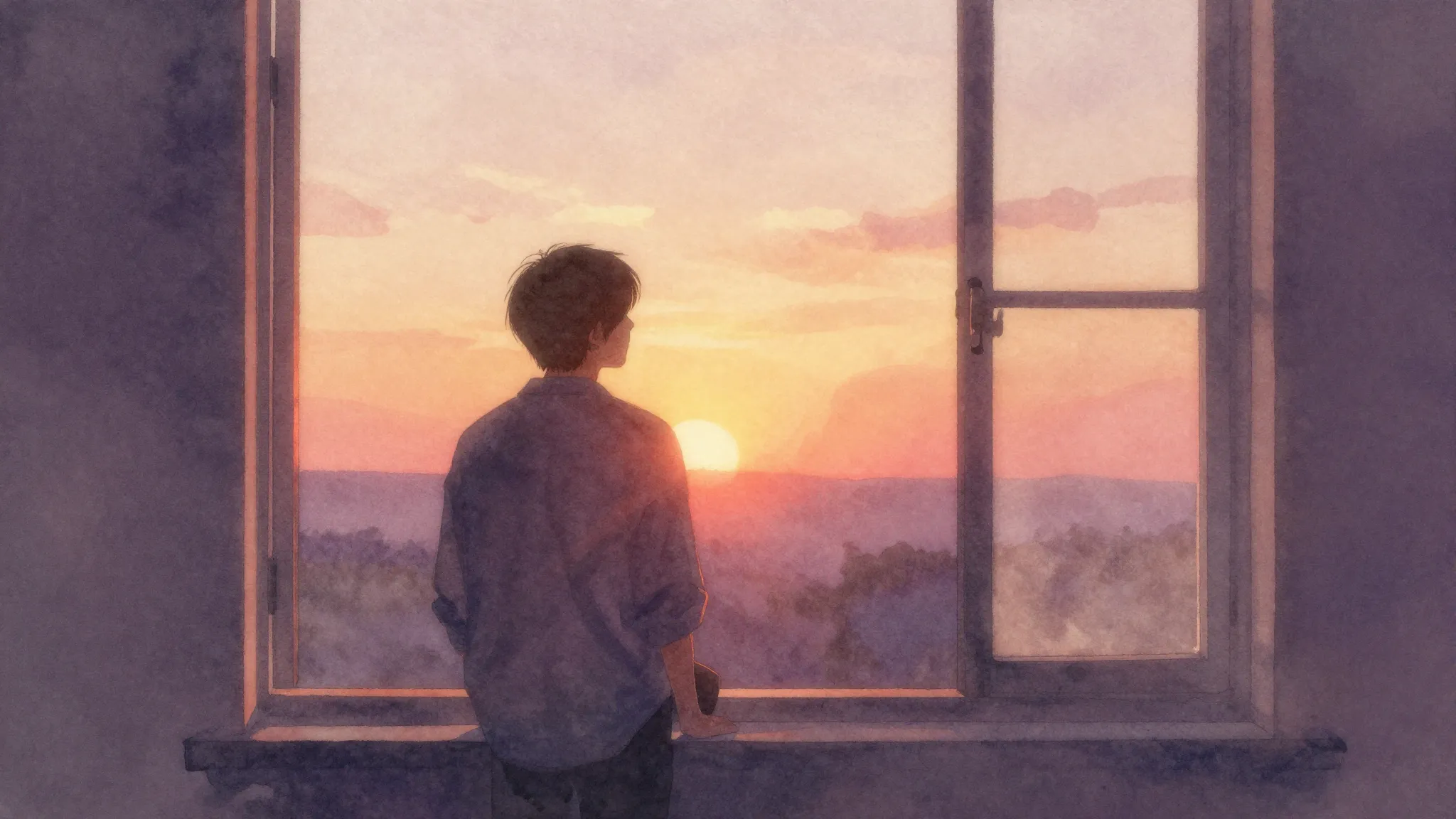 Vibrant watercolor style. Rock ballad album cover. Sunrise t...