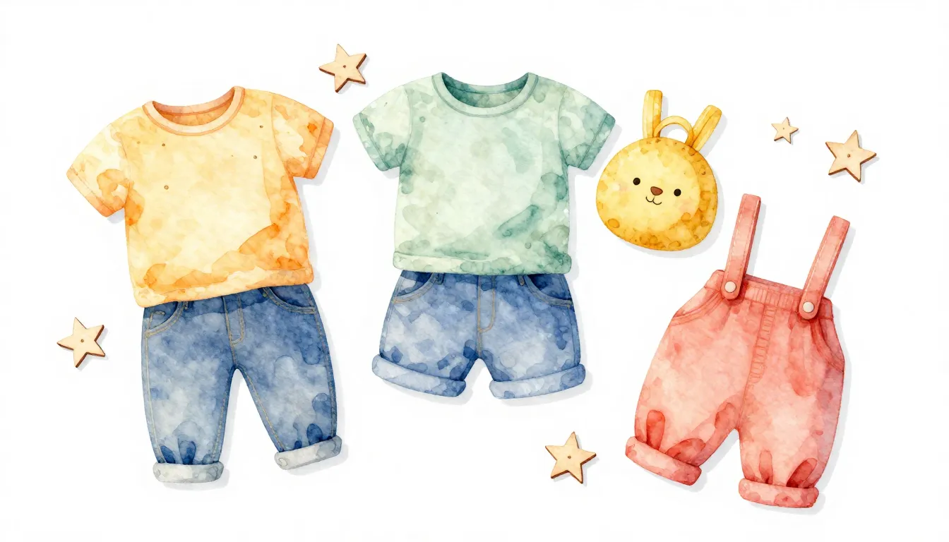 Watercolor style. A cute flat lay of colorful kids' outfits,...