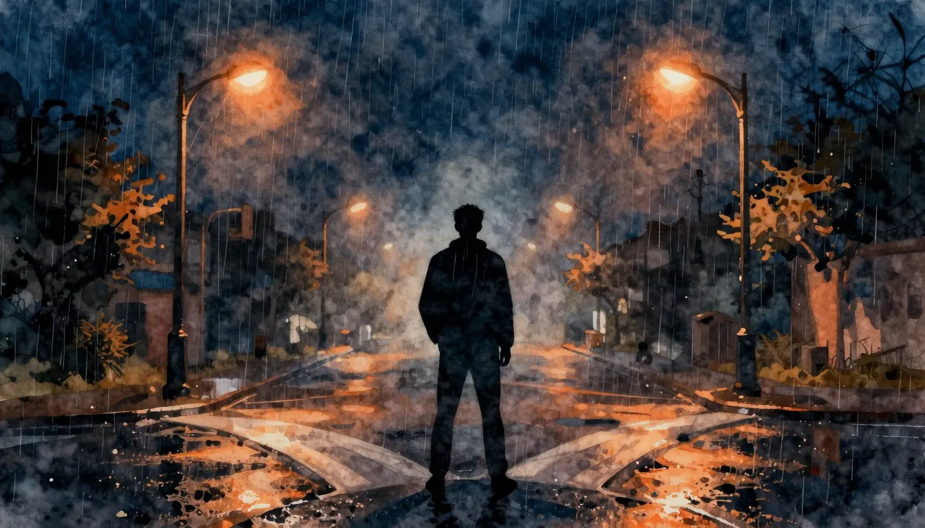 Watercolor style. A silhouette of a man standing at a crossr...