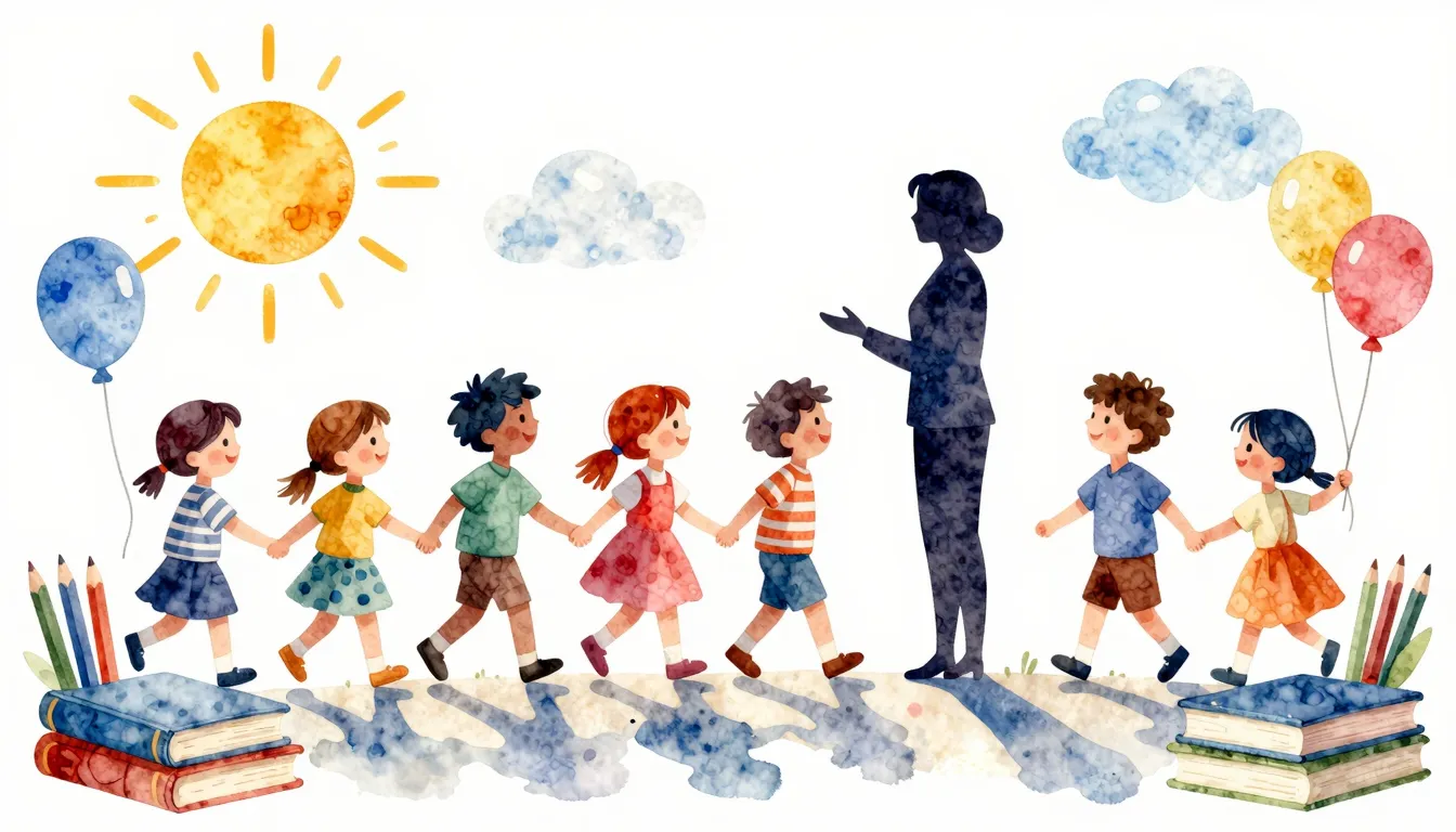 Watercolor style. A cheerful silhouette of a teacher and a g...