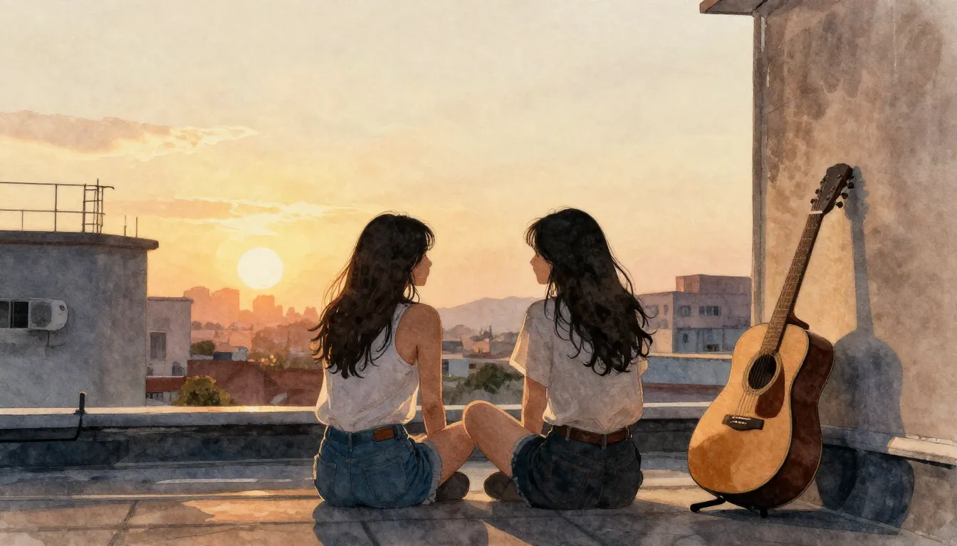 Watercolor style. Silhouette of two female friends sitting o...
