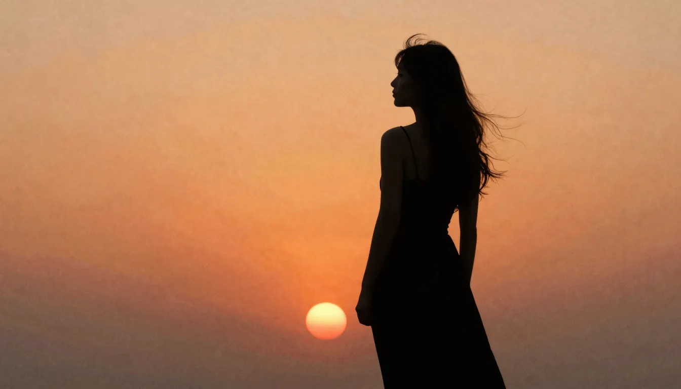 Watercolor style. A dark silhouette of a slender woman stand...