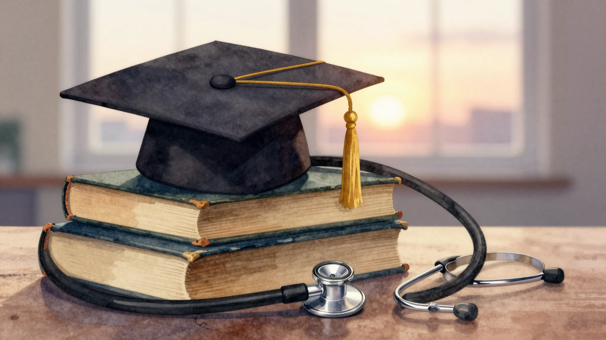 Watercolor style. A silhouette of a medical graduation cap a...