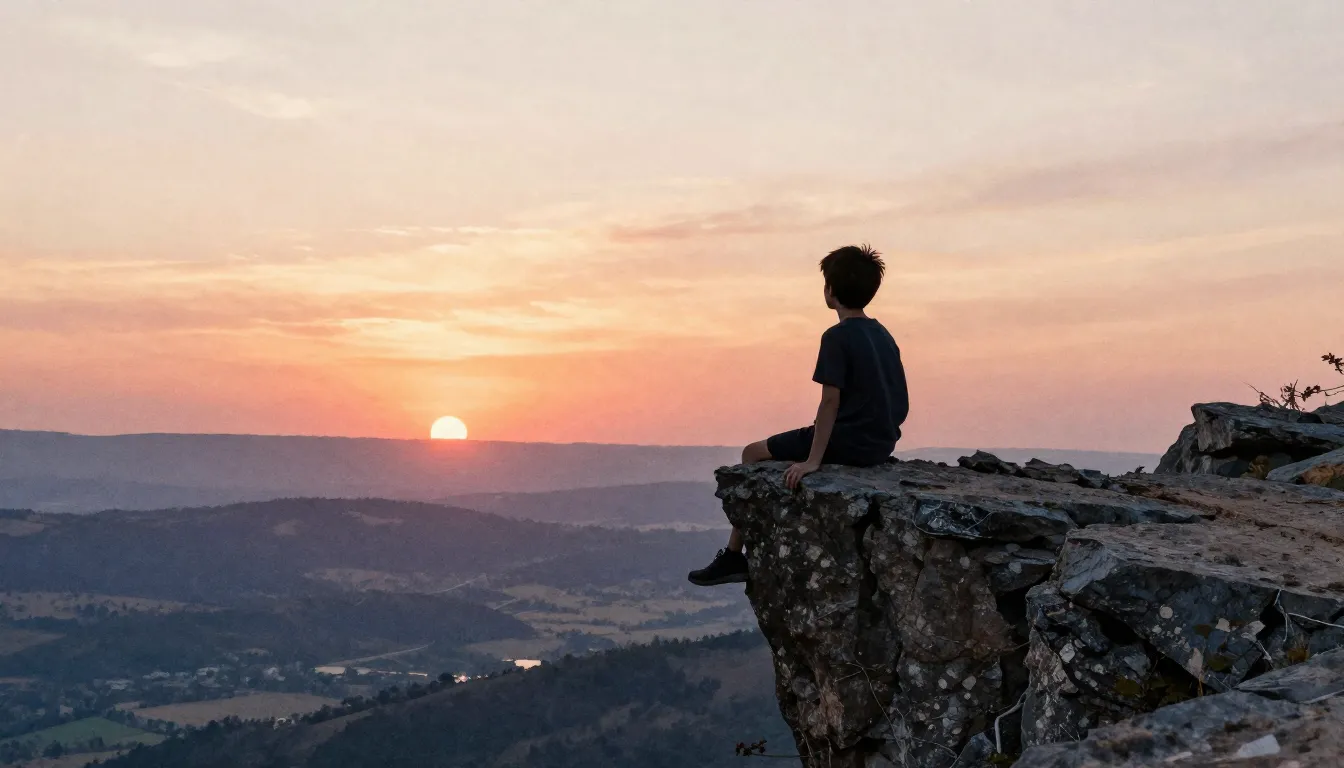 Watercolor style. Silhouette of a young boy sitting on the e...
