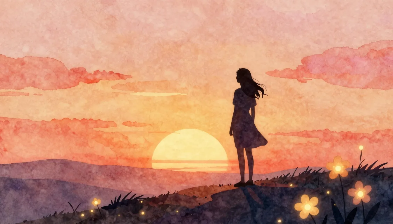 Watercolor style. A silhouette of a woman standing on a hill...