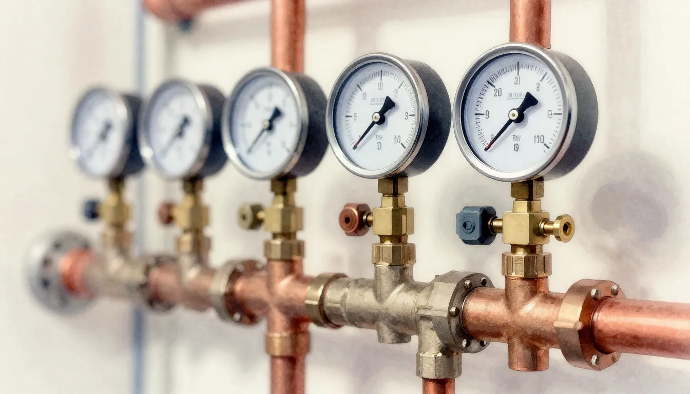 Watercolor style. Close-up of a high-tech heating manifold w...