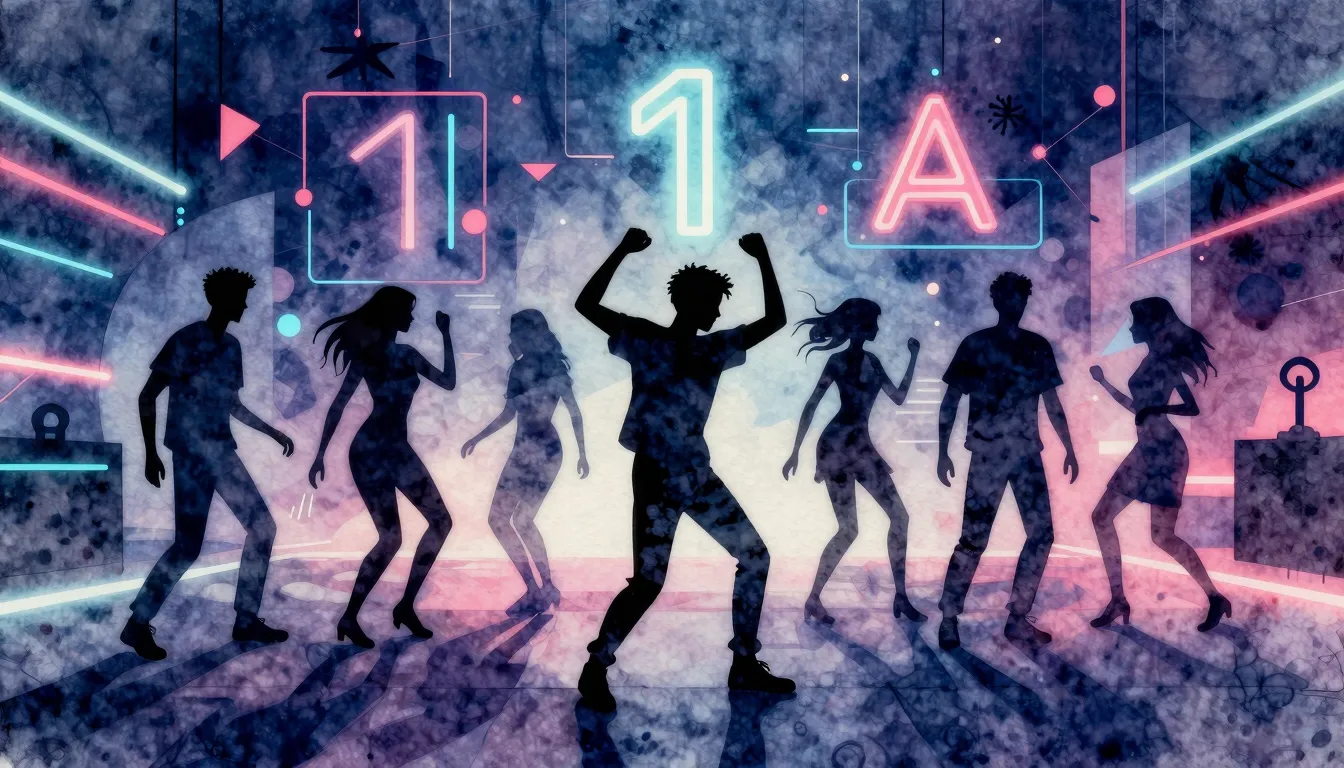 Watercolor style. Silhouette of a group of young people danc...