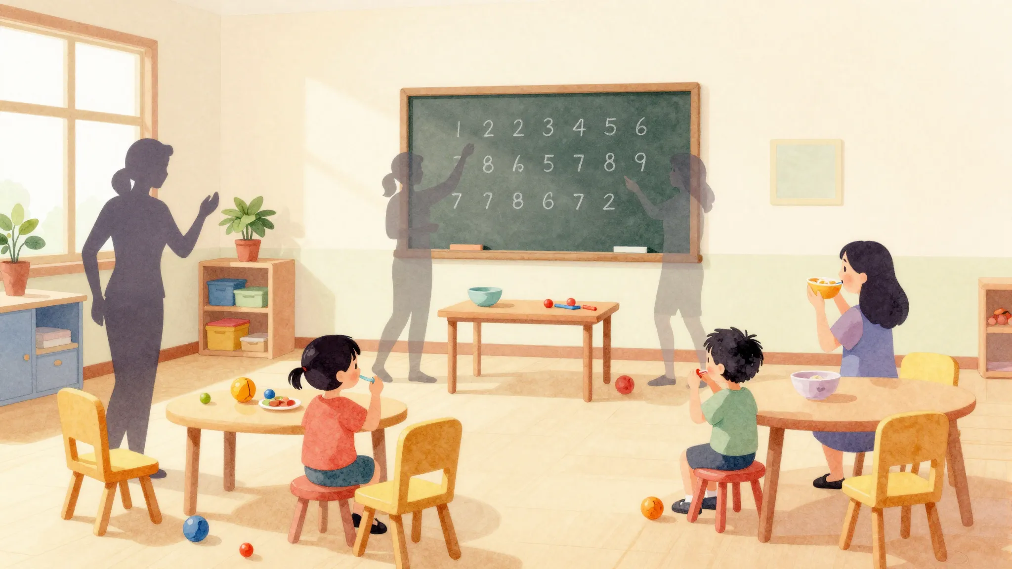 Watercolor style. A bright kindergarten room with colorful t...