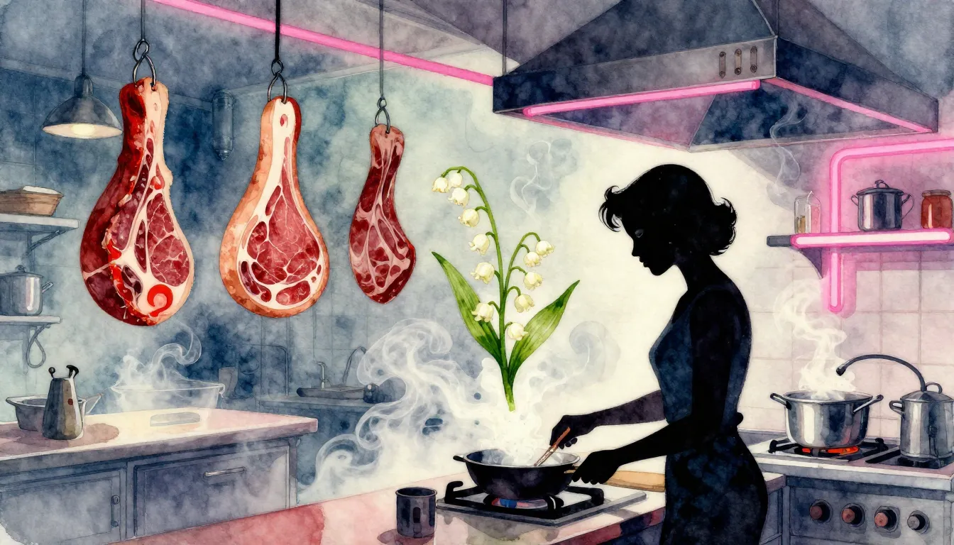 Watercolor style. A silhouette of a woman working in a smoky...