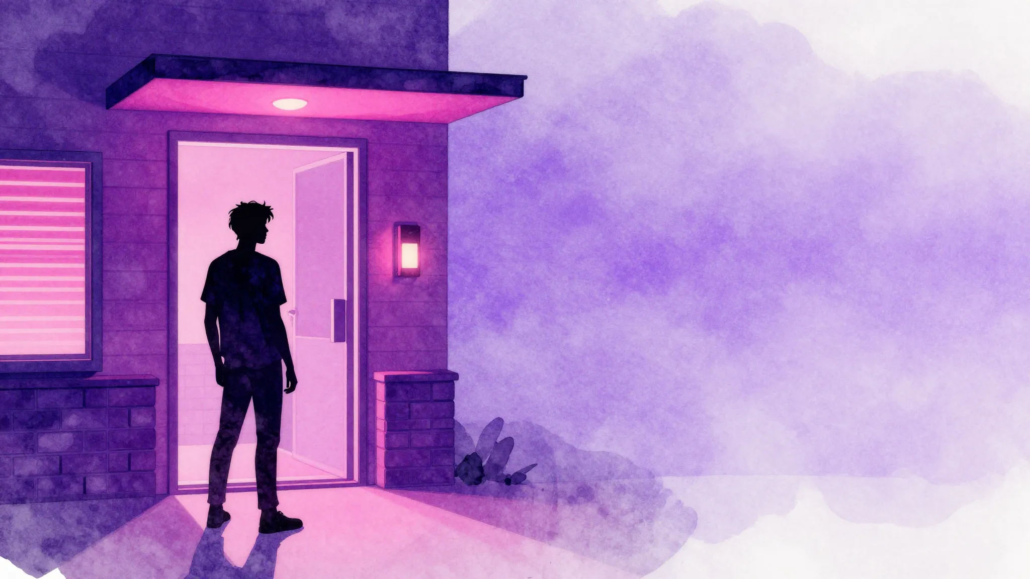 Watercolor style. Silhouette of a man waiting near a bright ...