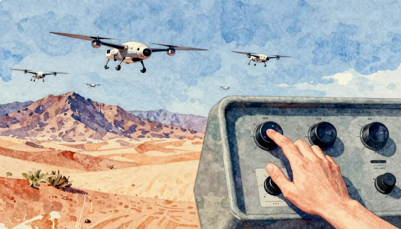 Vibrant watercolor style. Rock album cover: Drones flying ov...