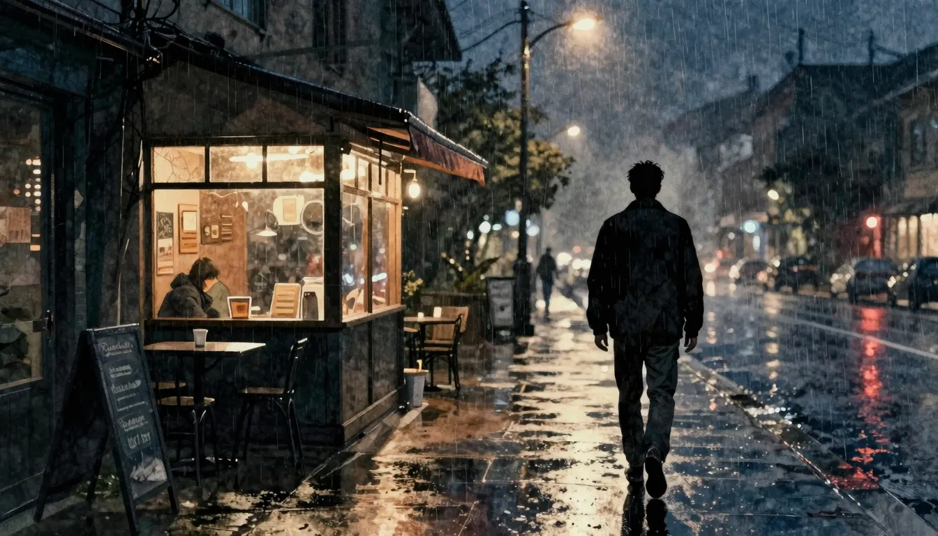 Watercolor style. A silhouette of a man walking away from a ...