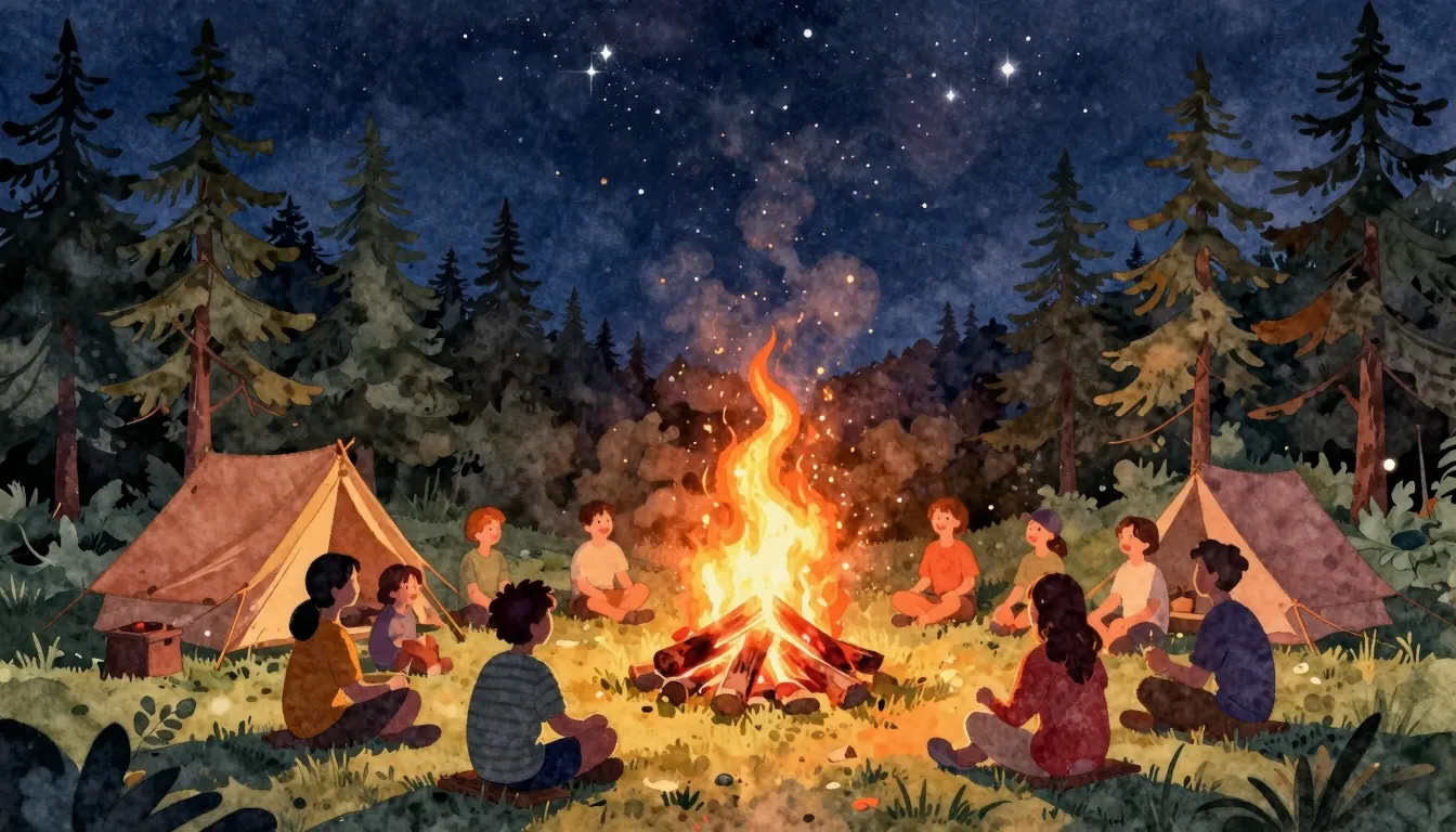 Watercolor style. A cozy camping scene at night, a large glo...