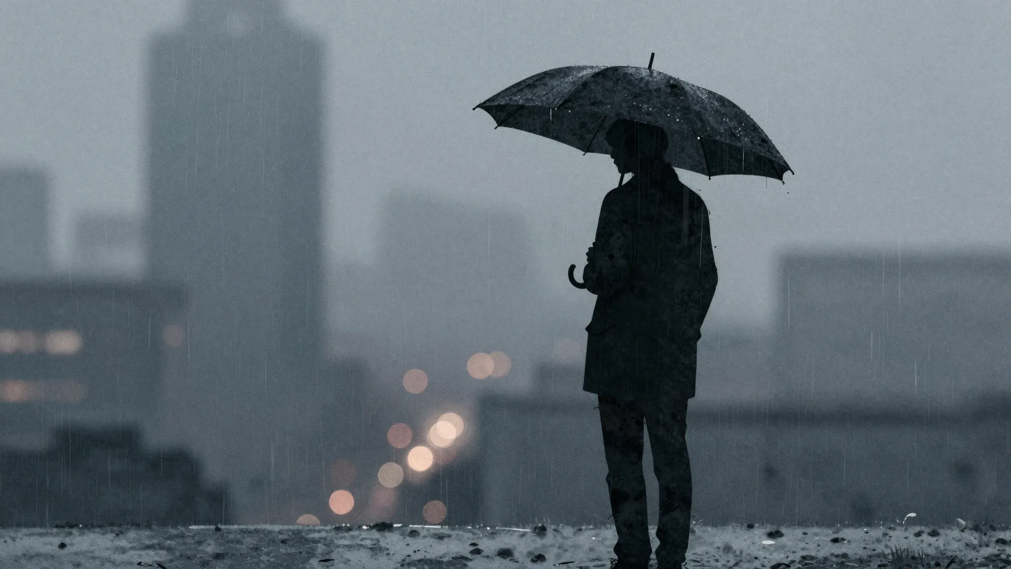 Watercolor style. Dark silhouette of a lonely person standin...