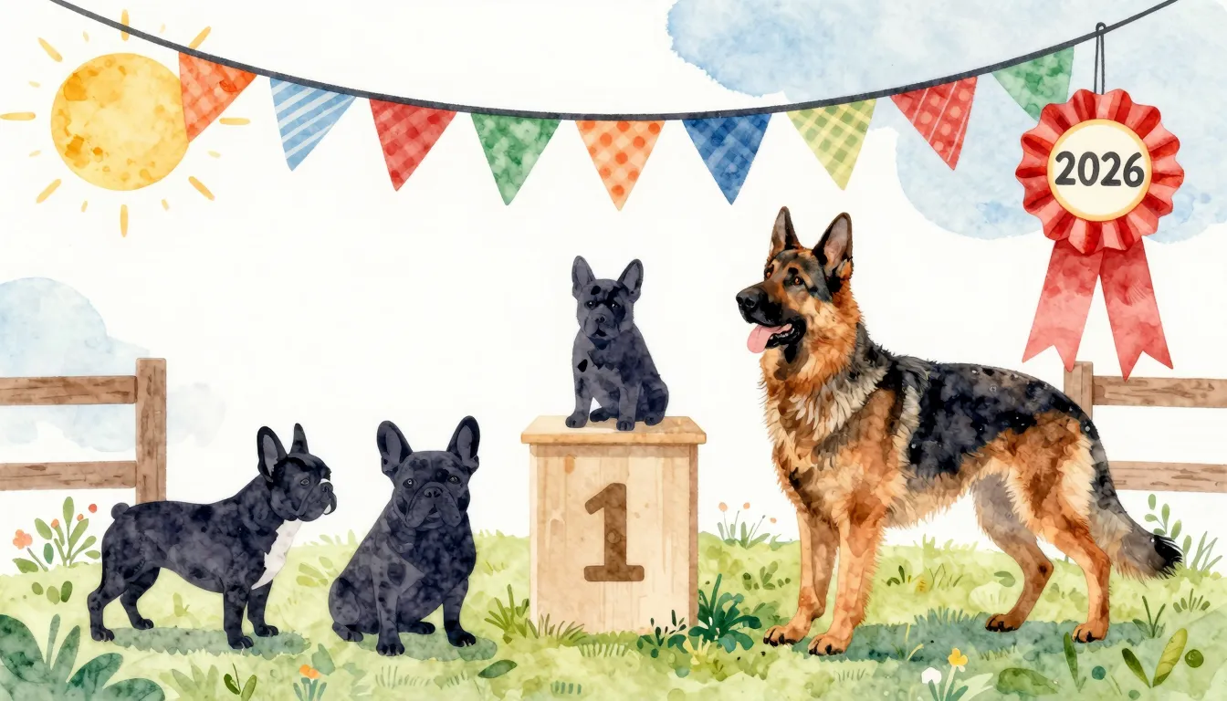 Watercolor style. A festive outdoor dog show scene with colo...