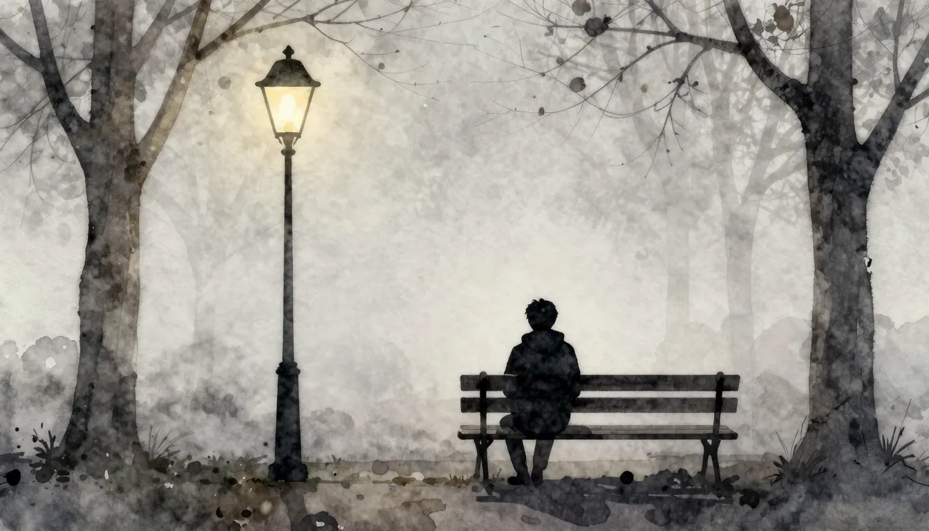 Watercolor style. A dark silhouette of a lonely figure sitti...
