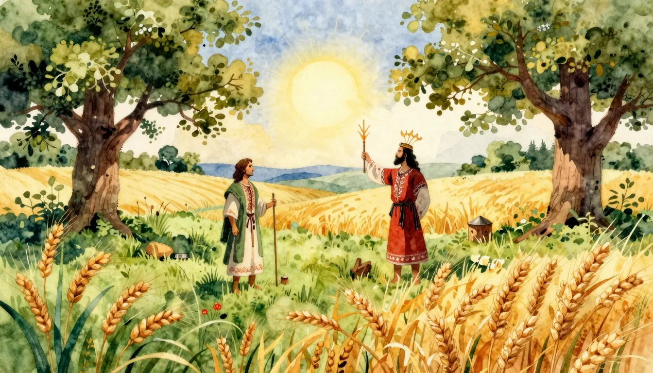 Vibrant watercolor style. Mystical folk album cover. Ancient...
