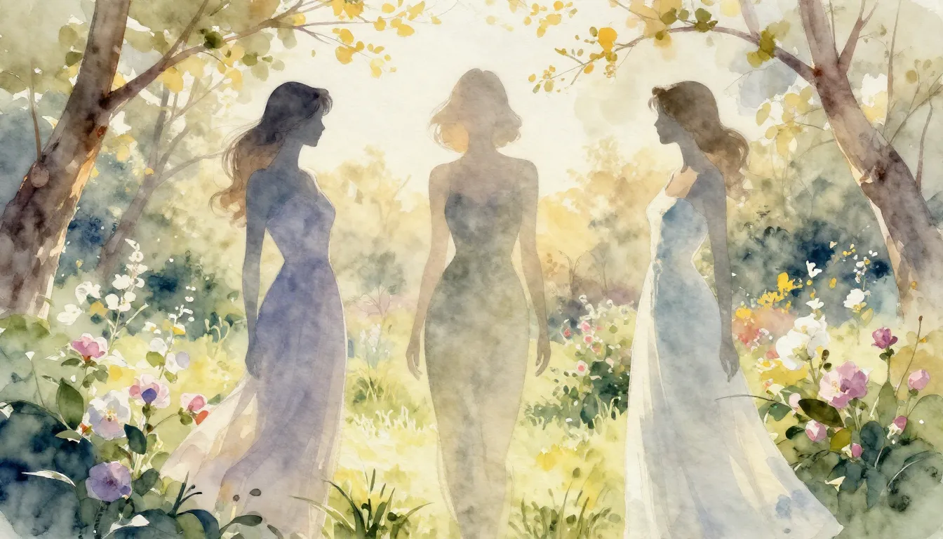 Watercolor style. Three elegant female silhouettes standing ...