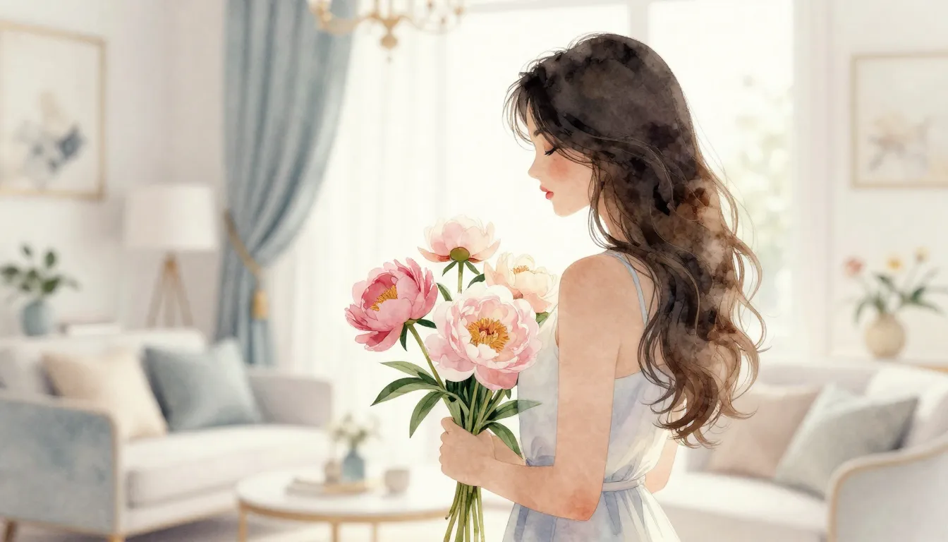 Watercolor style. Aesthetic silhouette of a girl with long w...