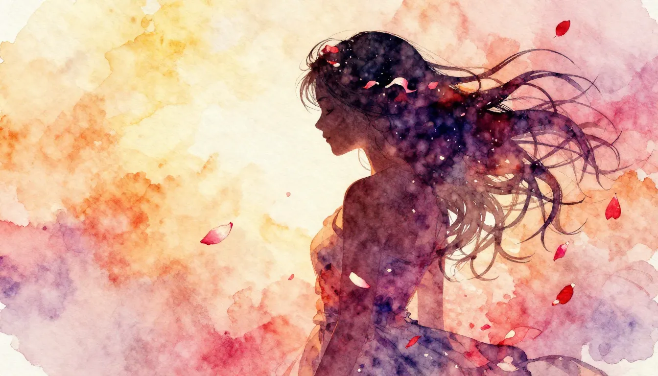 Vibrant watercolor style. Ballad album cover: silhouette of ...
