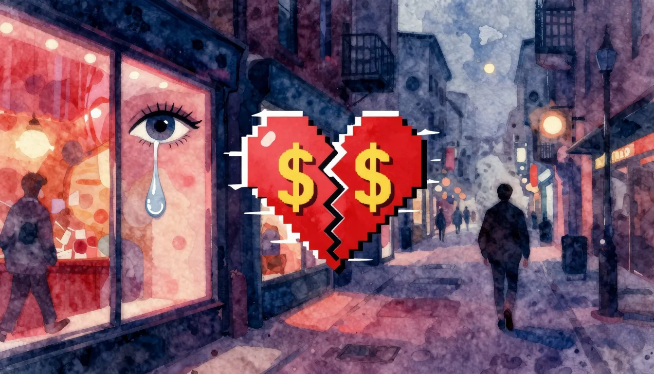 Vibrant watercolor style. Dark, neon-lit city street, blurre...