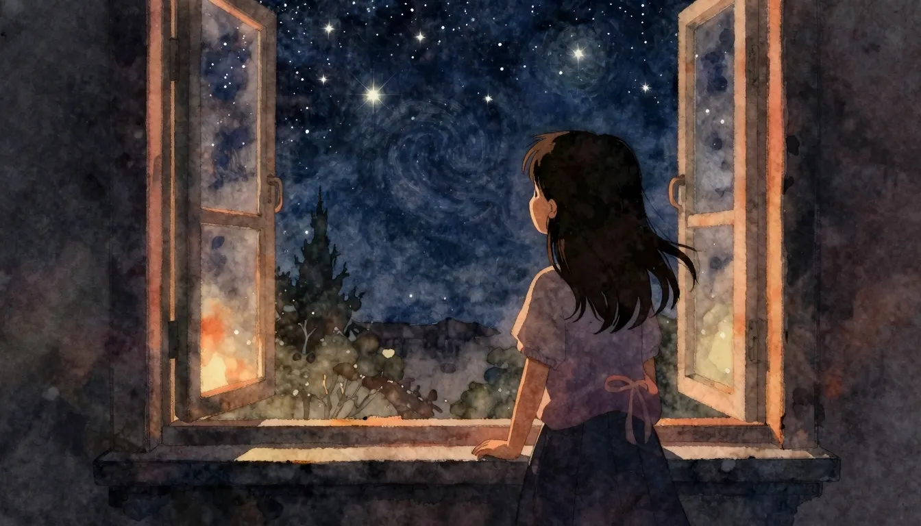 Watercolor style. Silhouette of a young girl standing by a w...