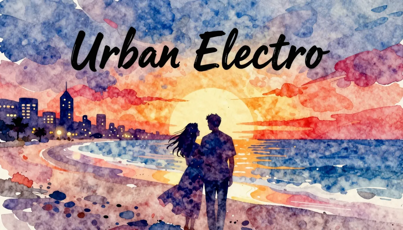 Vibrant watercolor style. "Urban Electro" album cover: abstr...